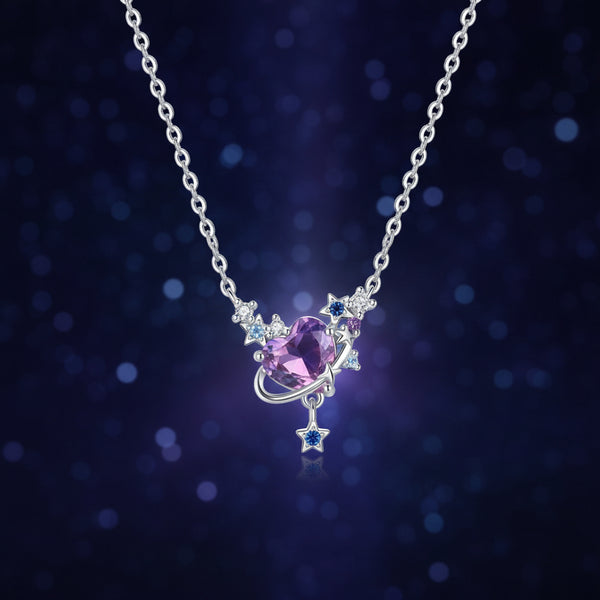 Infinite Love Purple Heart Planet Pendant necklace charm for romantic gifting, everyday wear, and celestial jewelry styling.