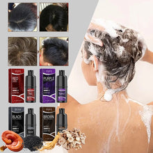 Instant Hair Dye Shampoo application with foamy hair and natural herbal ingredients displayed.