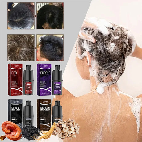 Instant Hair Dye Shampoo application with foamy hair and natural herbal ingredients displayed.