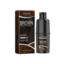 Instant Hair Dye Shampoo in brown color — bottle and packaging on white background.
