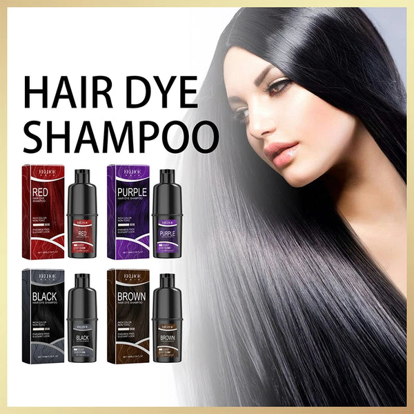 Instant Hair Dye Shampoo in Black, Brown, and Purple with woman showing styled hair results.