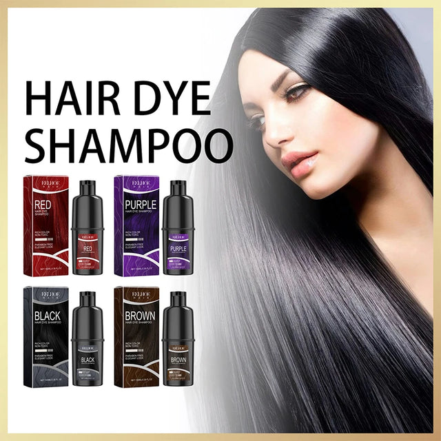 Instant Hair Dye Shampoo in Black, Brown, and Purple with woman showing styled hair results.