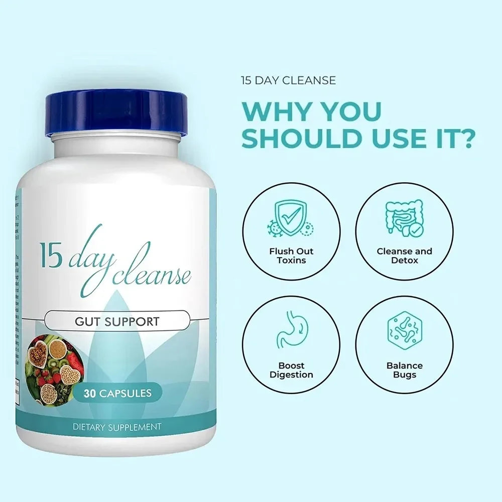 Intestinal cleanse supplement capsules bottle for digestive tract cleansing, gut support, and refresh program use.