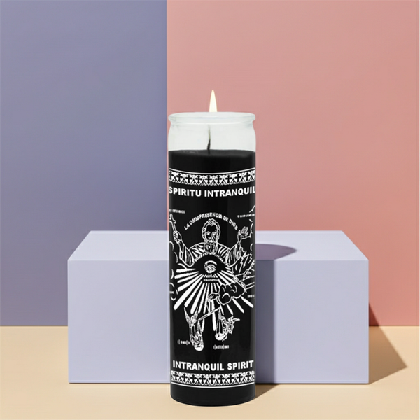 Intranquil Spirit black 7 day candle for prayer, spiritual work, and devotional use.