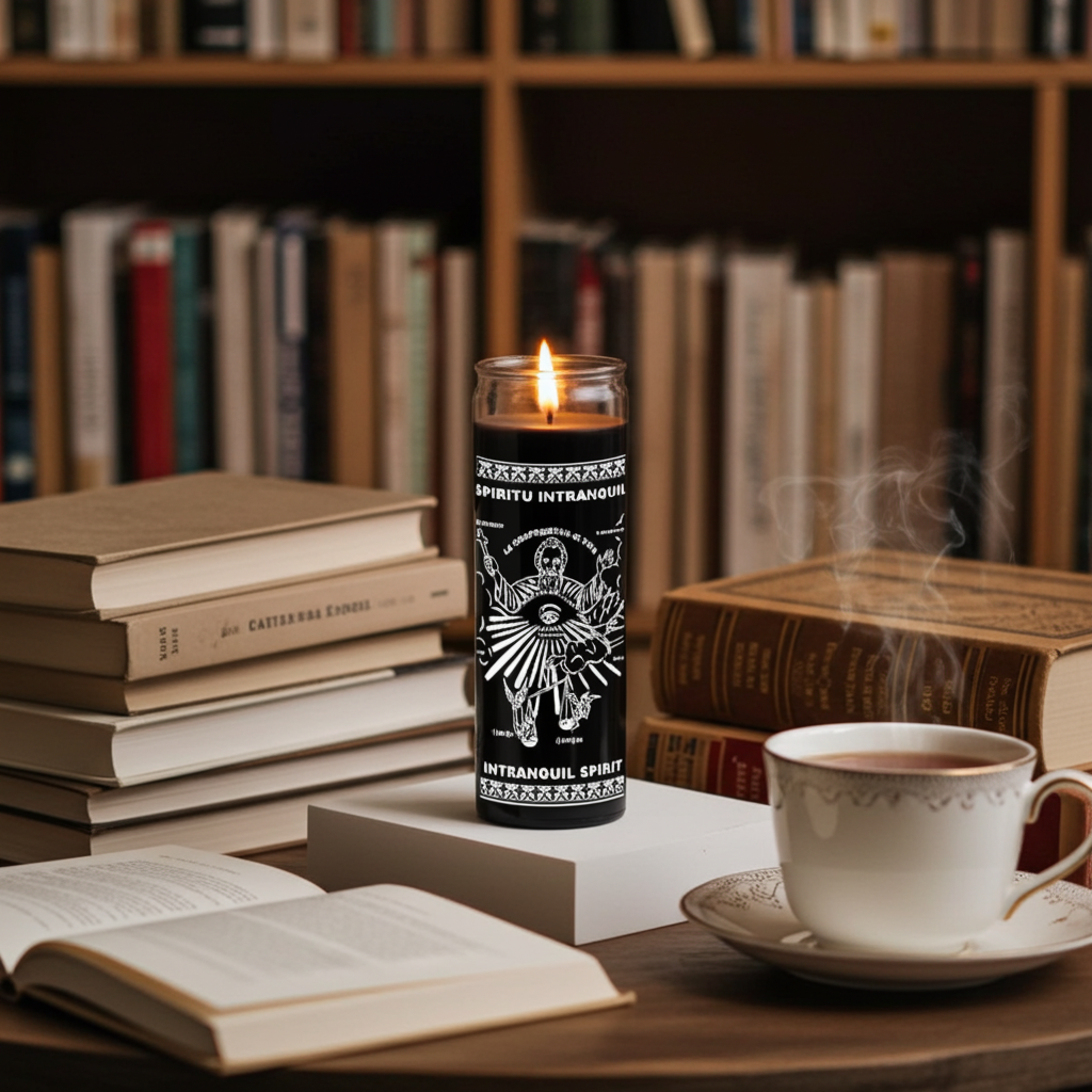 Intranquil Spirit black devotional 7 day candle for petition work, prayer, and ceremonial use.