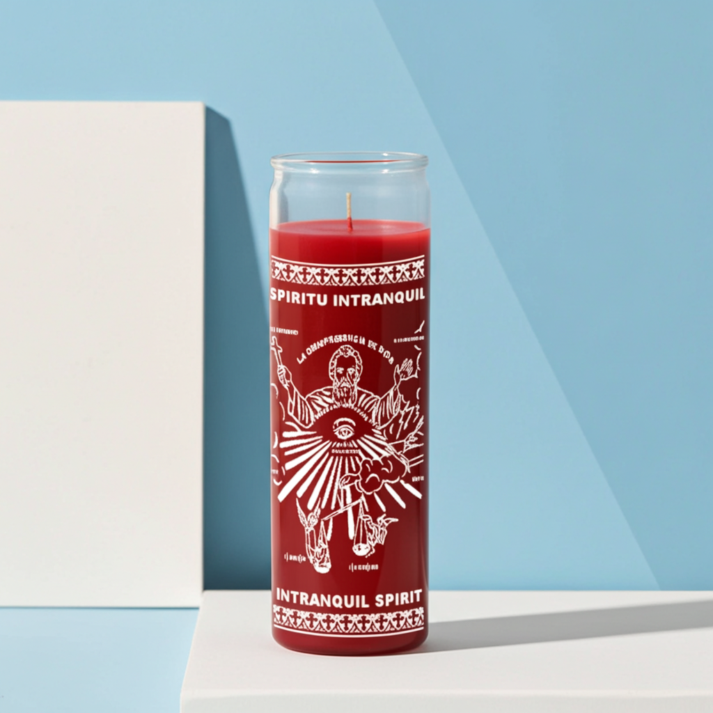 Intranquil Spirit red glass encased candle for altar work, devotion, and ceremonial practice.