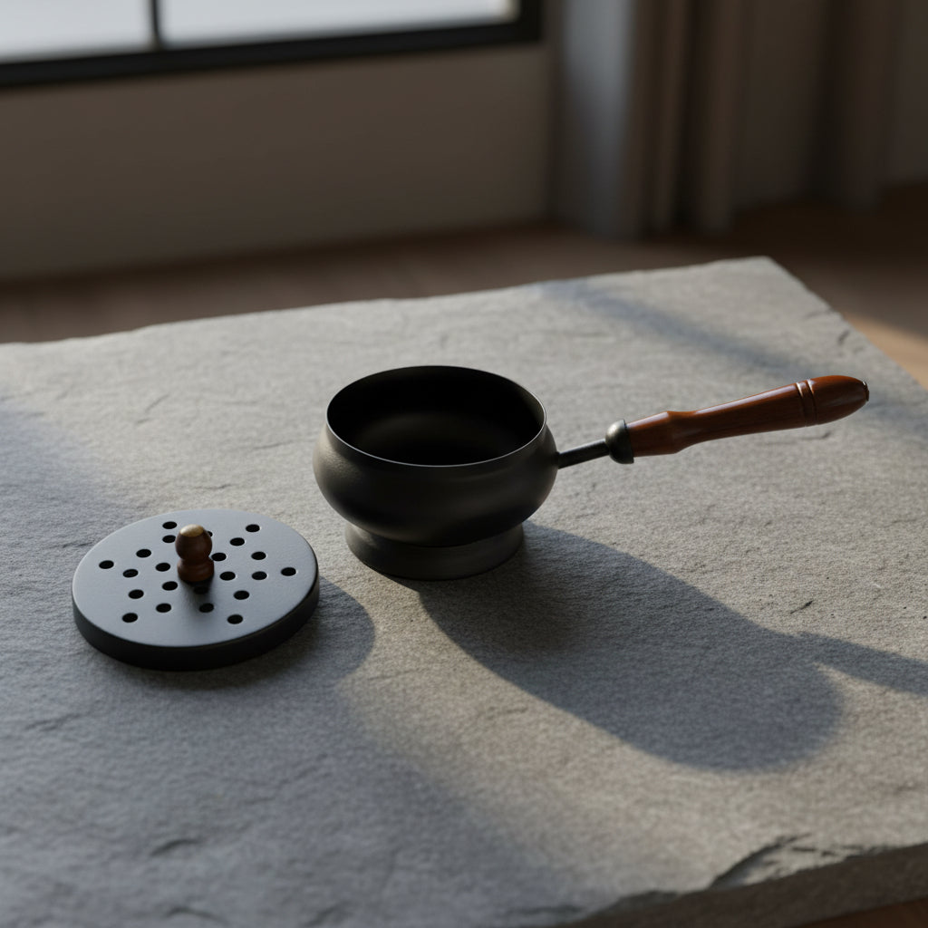Iron Charcoal Burner with Lid and Wood Handle 9 inch, alternate view
