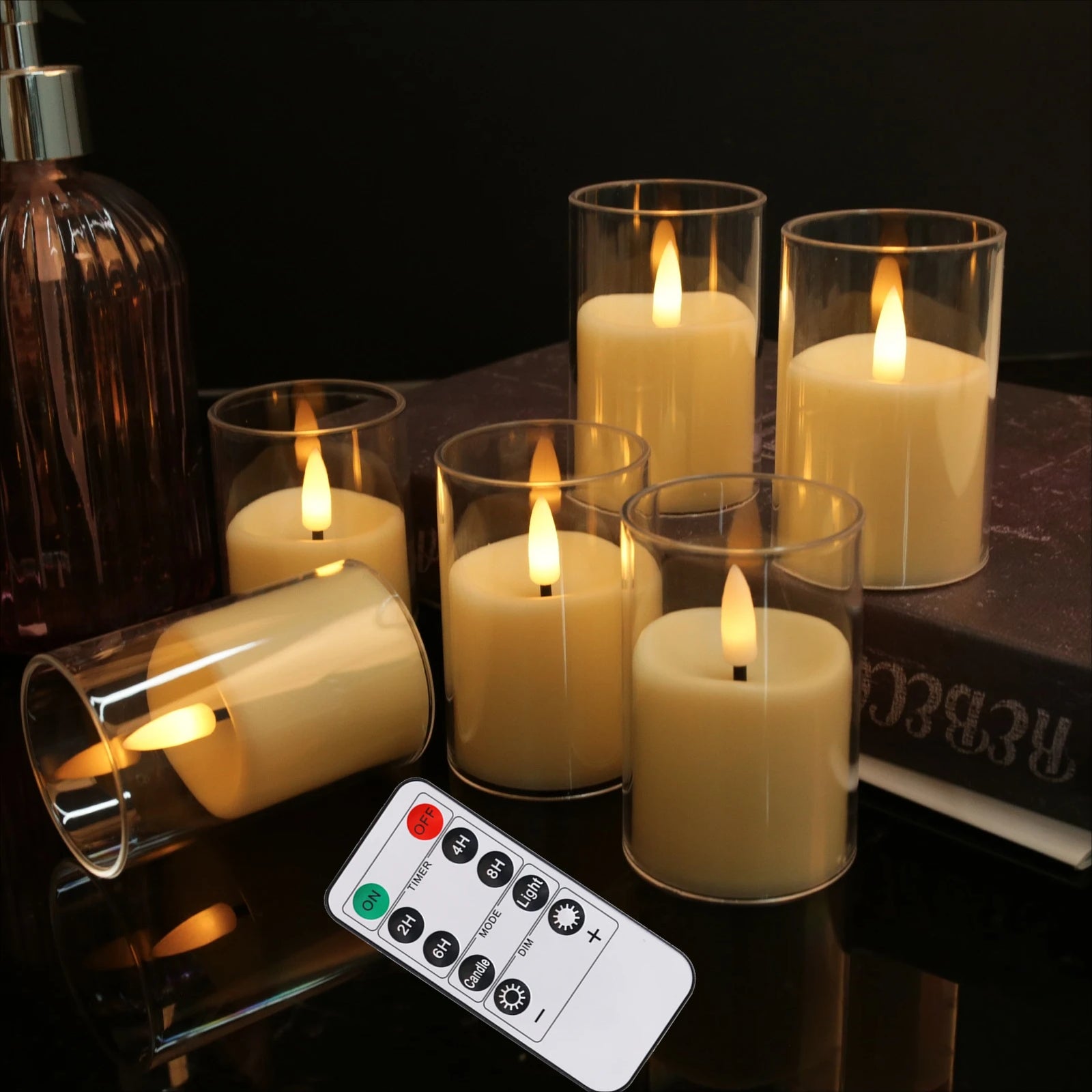 Ivory flameless LED candles 5 piece set with remote for mantel decorating, dinner table ambiance, and flame-free home use.