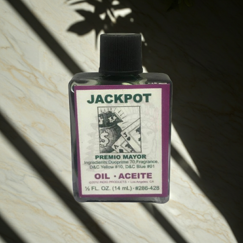 Jackpot Wish Oil ritual oil bottle for money attraction, luck enhancement, and prosperity altar use.