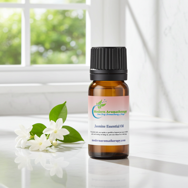 Jasmine essential oil bottle for romantic aromatherapy, rich floral diffuser blends, and emotional wellness use.