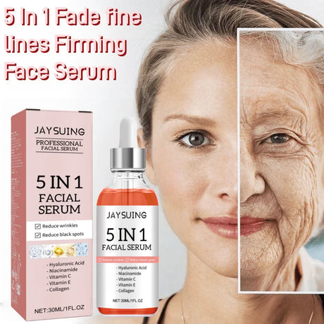 Jaysuing 5 in 1 facial serum bottle with hyaluronic acid, niacinamide, and vitamin C for moisturizing, brightening, and daily skin smoothing.