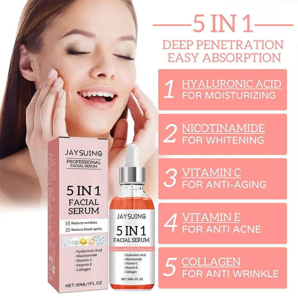 Jaysuing firming face serum with Vitamin C and Hyaluronic Acid for moisturizing, brightening, and smoothing the skin.