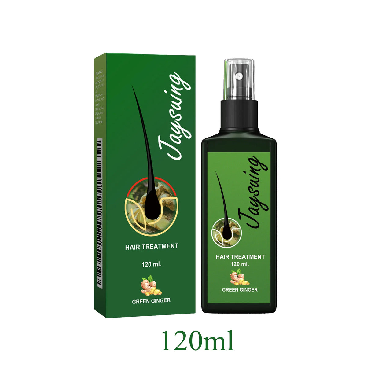 Jaysuing Ginger Hair Growth and Scalp Treatment Spray packaging on white background for hair loss treatment.