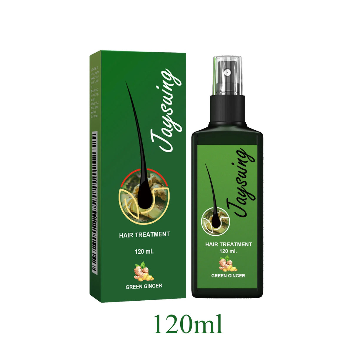Jaysuing Ginger Hair Growth and Scalp Treatment Spray packaging on white background for hair loss treatment.