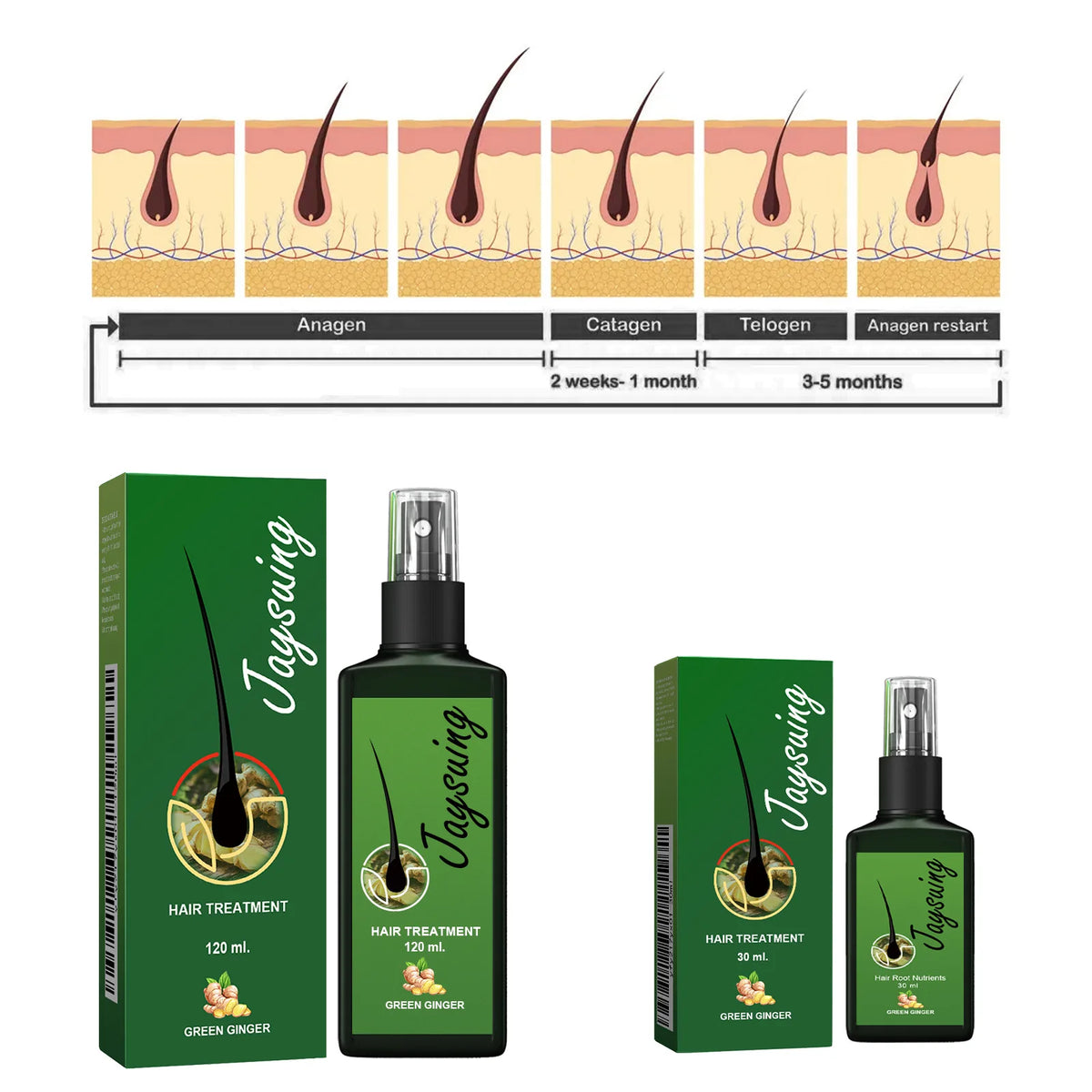 Jaysuing Ginger Hair Growth Spray available in 30ml and 120ml sizes showing product packaging and hair growth stages.