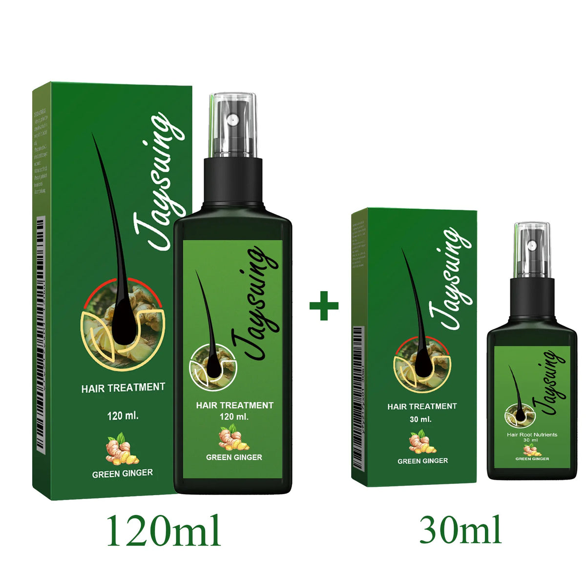 Jaysuing Ginger Hair Growth Spray set with 30ml and 120ml bottles and packaging on white background.