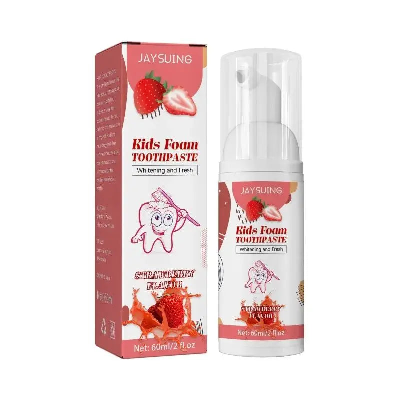 Jaysuing Kids Foam Toothpaste 60ml front packaging with strawberry flavor for children's whitening care.