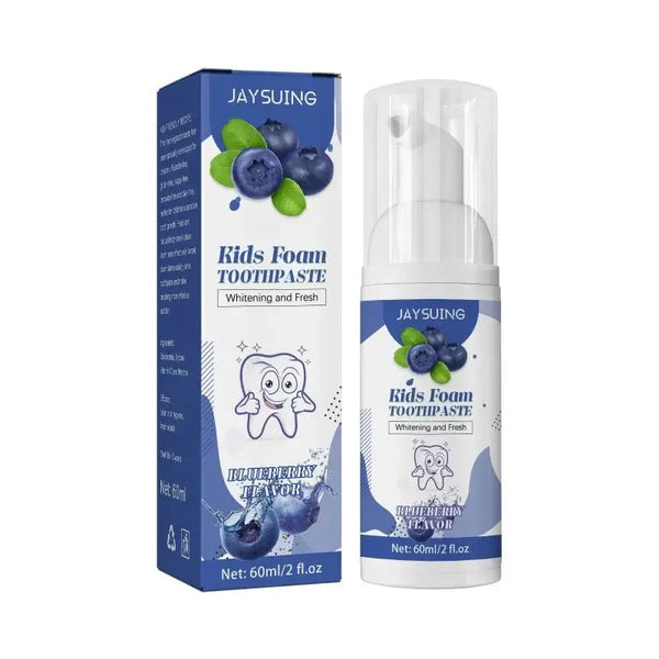 Jaysuing Kids Foam Toothpaste 60ml tube and packaging on white background for children's daily whitening.