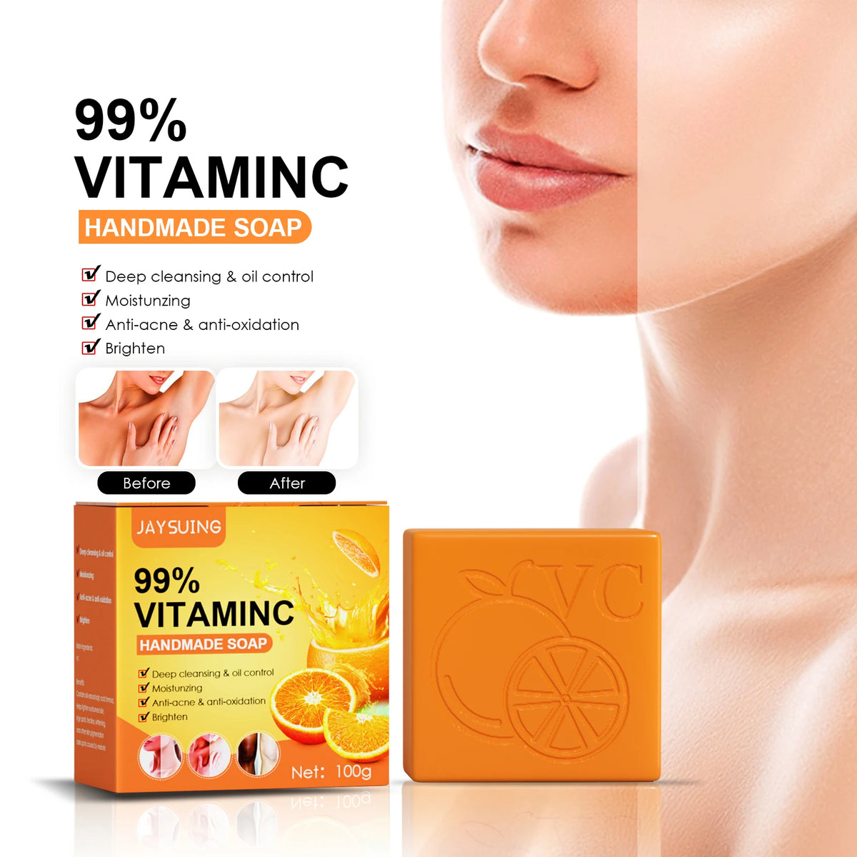 Jaysuing Vitamin C Whitening Soap bar and packaging with skin benefits on white background.