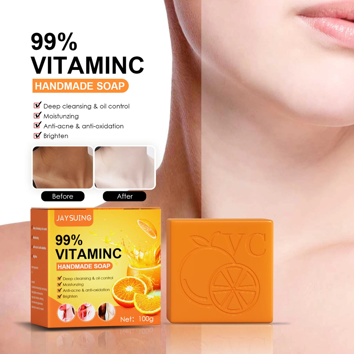 Jaysuing Vitamin C Whitening Soap orange bar with 99% Vitamin C packaging on skincare background.