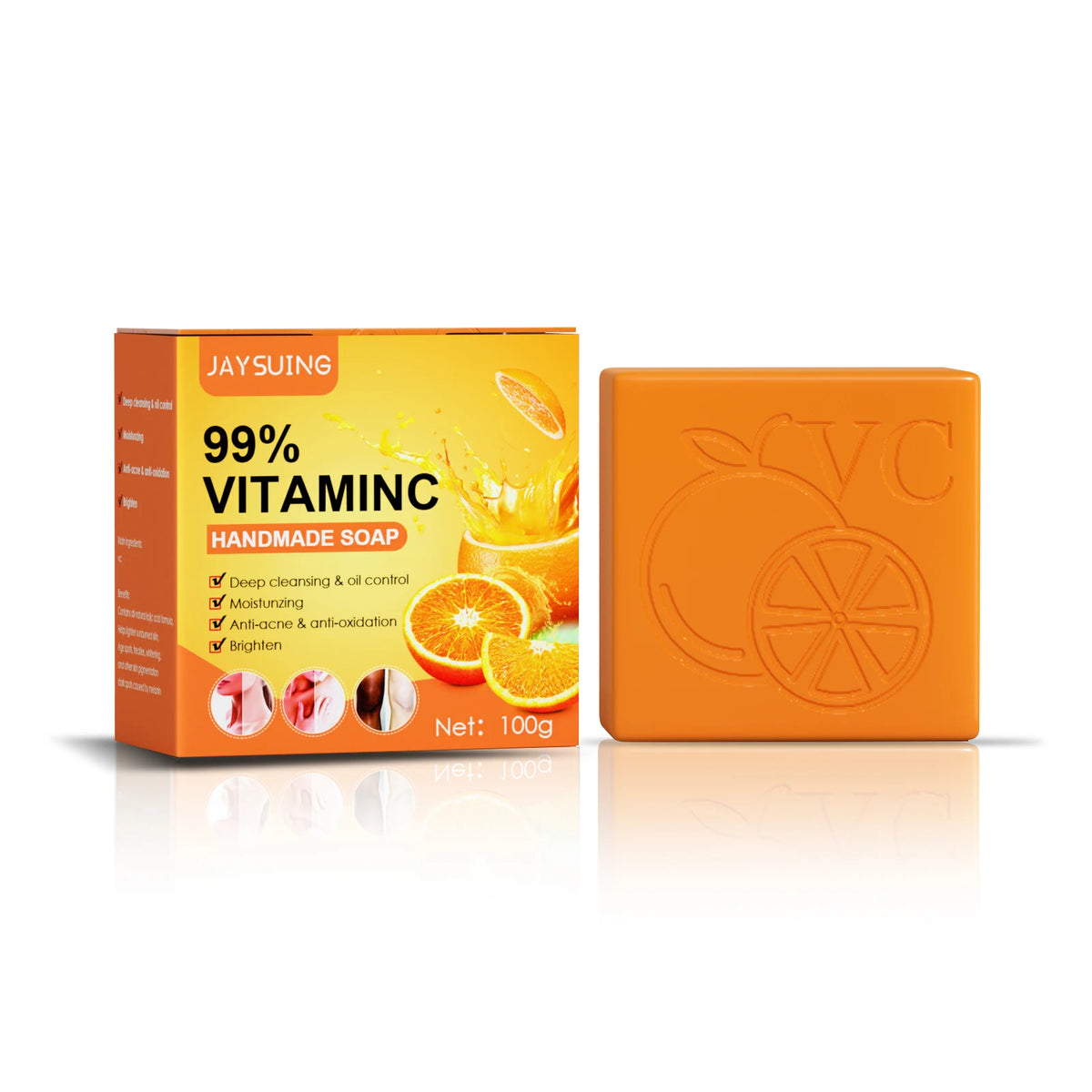 Jaysuing Vitamin C Whitening Soap orange bar with packaging on white background front view.