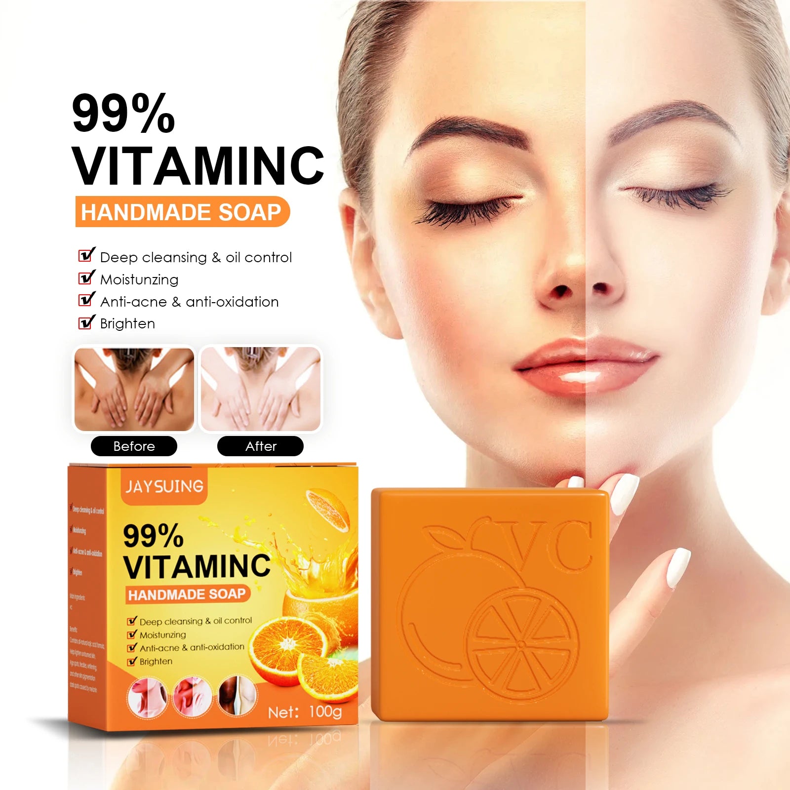 Jaysuing Vitamin C Whitening Soap before and after skin brightening results on woman's face.