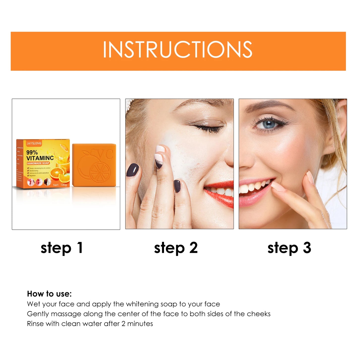 Jaysuing Vitamin C Whitening Soap usage instructions with steps on white background.