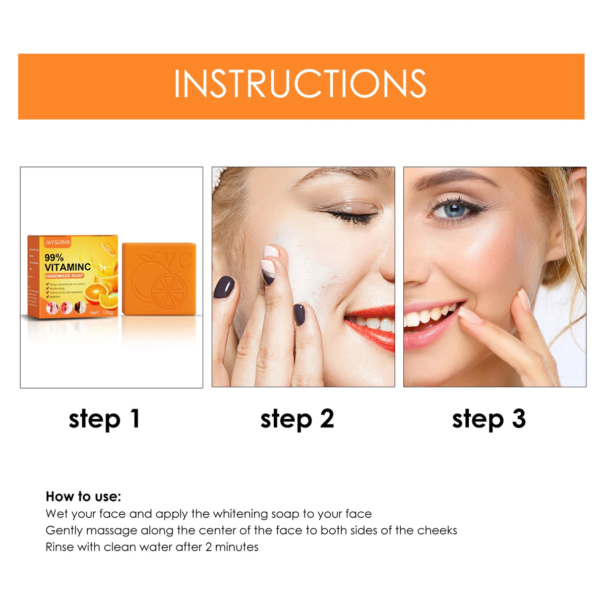 Jaysuing Vitamin C Whitening Soap usage instructions with steps on white background.