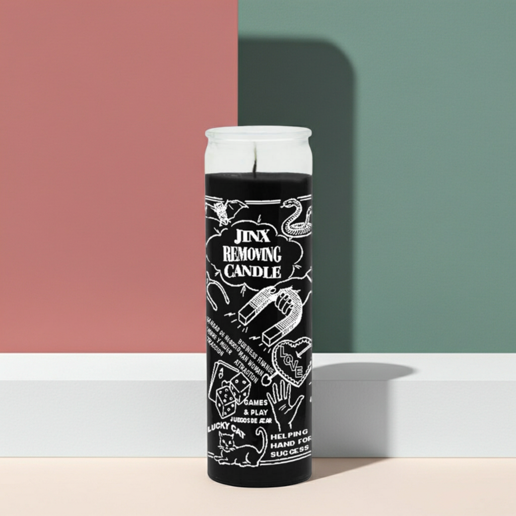 Jinx Removing black glass candle for candle burning, jinx removal, and cleansing ceremonies.
