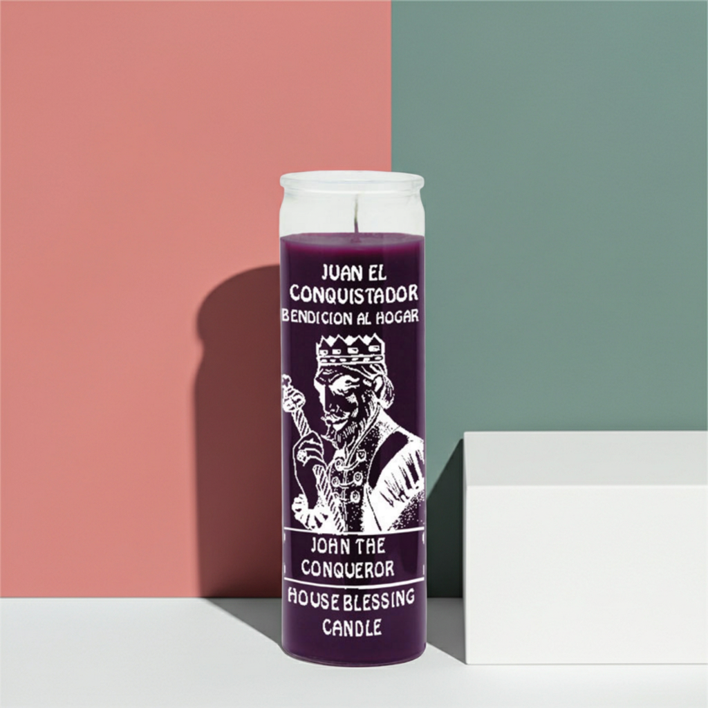 John the Conqueror purple prayer candle in glass container for ritual use, confidence, and spiritual victory.