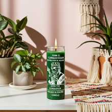 John the Conqueror green 7 day candle in glass jar for spiritual work, strength, and success rituals.