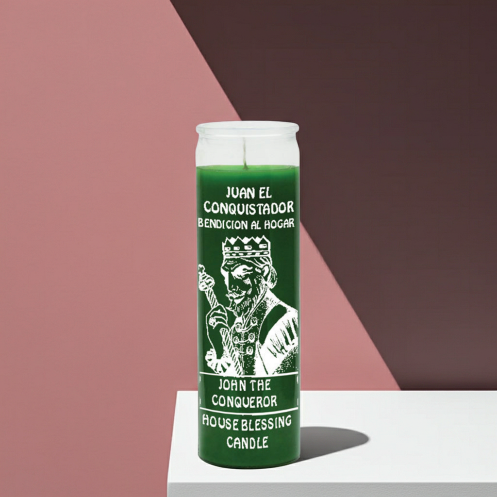 John the Conqueror green prayer candle in tall glass container for prayer, empowerment, and overcoming obstacles.