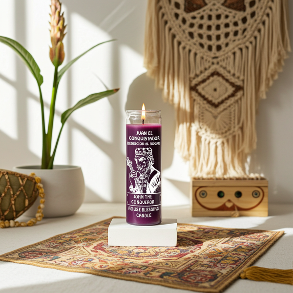 John the Conqueror purple 1 color 7 day candle in glass jar for spiritual work, strength, and success rituals.