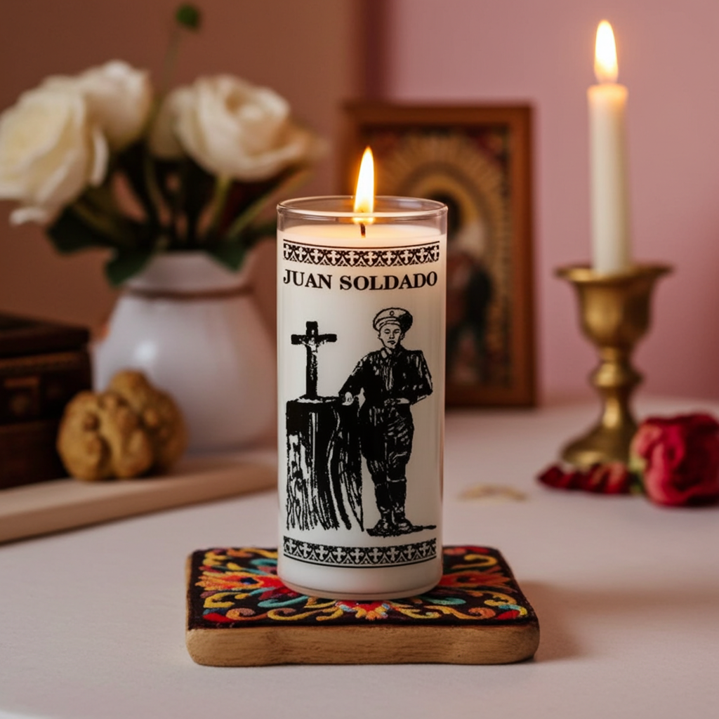 Juan Soldado white prayer 7 day candle in glass container for novena prayer, petition work, and spiritual practice.
