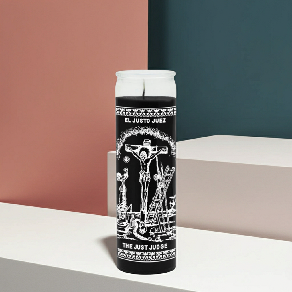 The Just Judge black 7 day glass candle for prayer, justice work, and spiritual rituals focused on fairness and legal matters.