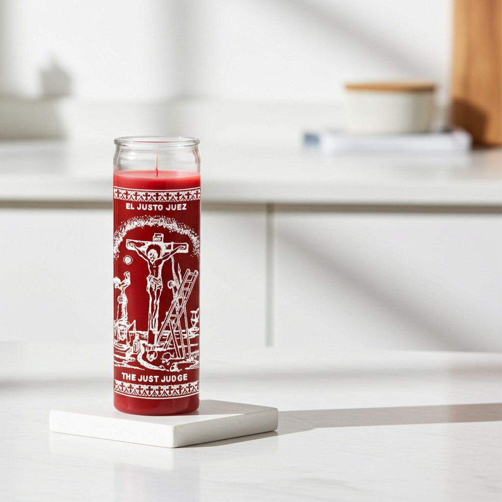 The Just Judge red 7 day candle in glass jar for prayer, justice petitions, and spiritual ritual use.