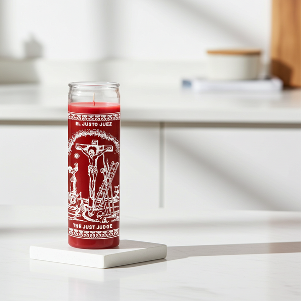 The Just Judge red 7 day candle in glass jar for prayer, justice petitions, and spiritual ritual use.