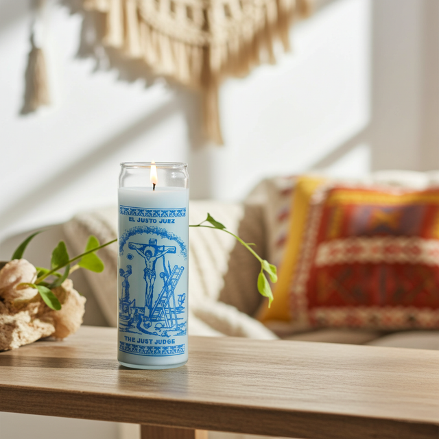 The Just Judge white 7-day candle for prayer, justice work, and spiritual ritual use.
