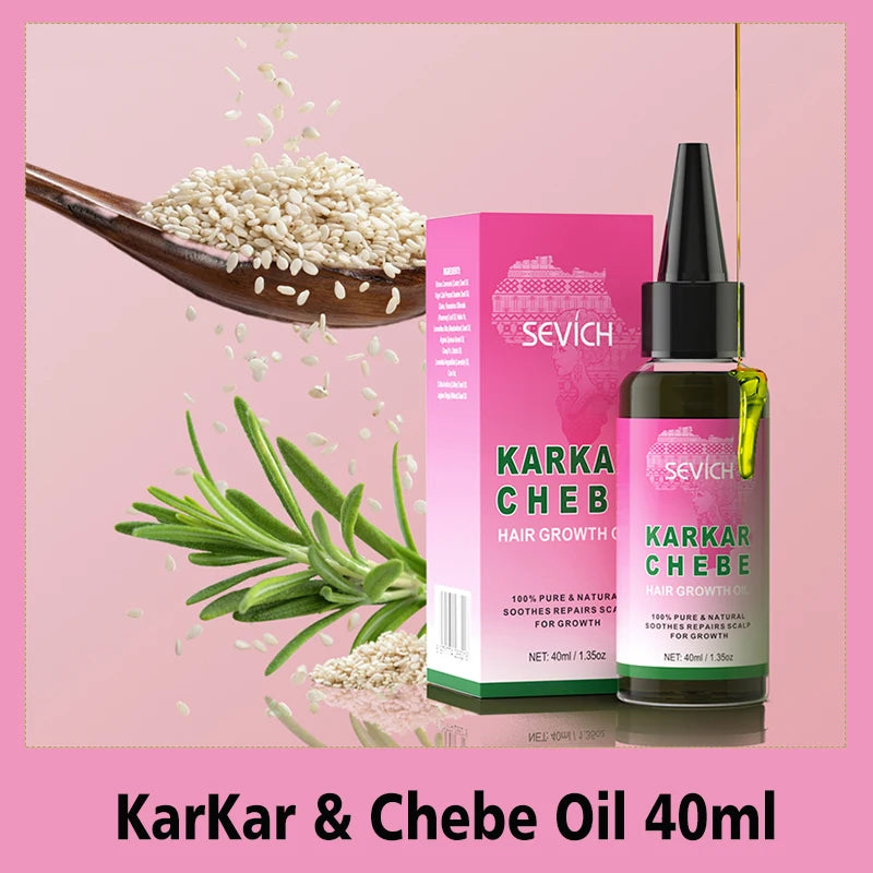 Pure Natural Karkar Chebe Hair Growth Oil bottle with key ingredients including Chebe, Karkar oil, Batana butter, and rosemary.