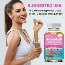 14-in-1 Collagen Capsules supplement bottle with keratin and biotin for healthy hair support, skin care, and nail strength.