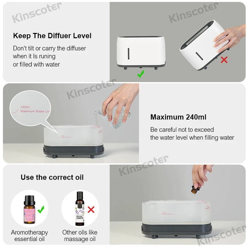 KINSCOTER flame mist essential oil humidifier for scent diffusion, moisture balance, and soothing bedroom use.