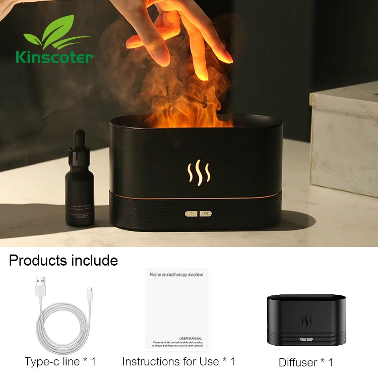 KINSCOTER LED flame diffuser humidifier for ambient lighting, aroma diffusion, and moisture support in living spaces.