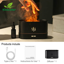 KINSCOTER LED flame diffuser humidifier for ambient lighting, aroma diffusion, and moisture support in living spaces.