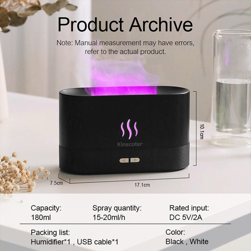 KINSCOTER ultrasonic humidifier with flame effect for dry air relief, aromatherapy sessions, and cozy indoor atmosphere.