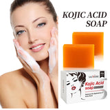 2Pcs Handmade Kojic Acid Brightening Soap packaging with woman applying for daily brightening care.