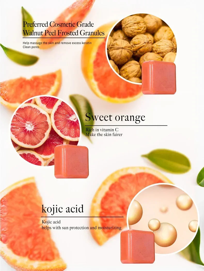 Kojic Acid & Sweet Orange Brightening Scrub Soap key ingredients including walnut, orange, and kojic acid.