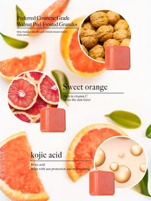 Kojic Acid & Sweet Orange Brightening Scrub Soap key ingredients including walnut, orange, and kojic acid.