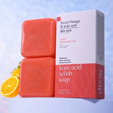 Kojic Acid & Sweet Orange Brightening Scrub Soap red bars with packaging on light blue background.