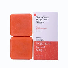 Kojic Acid & Sweet Orange Brightening Scrub Soap red bars with box packaging on white background.
