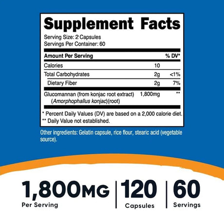 Konjac glucomannan fiber capsules supplement for promoting fullness, digestive health, and weight support.
